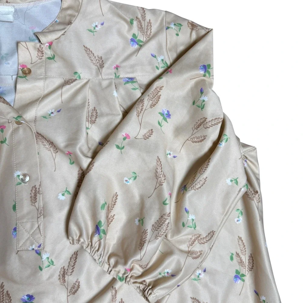 Vintage‎ Tan Floral Wheat Long Sleeve Nightgown Loungewear Women XL Granny READ